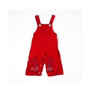 70s red corduroy embroidered mice overalls 12-18 months / cute red overalls / in